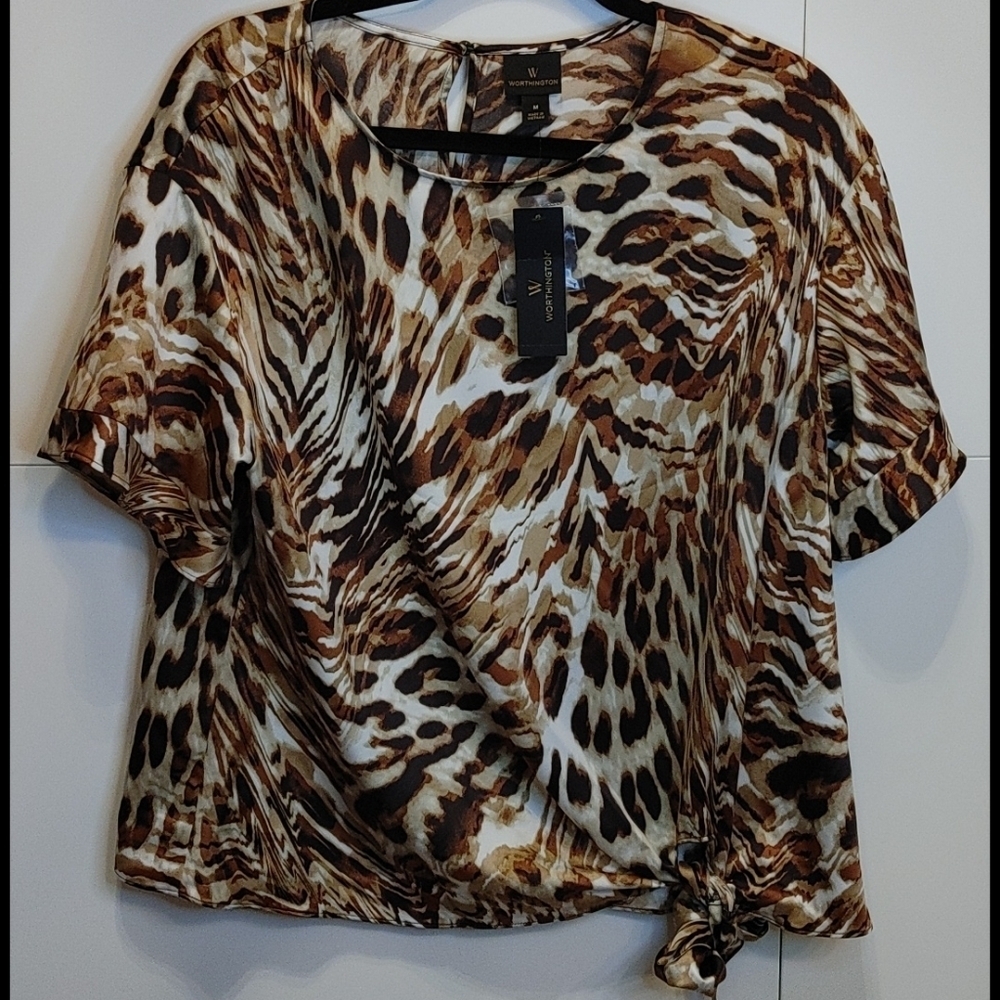 NWT Worthington Leopard Print Tie Front Blouse Medium Animal Print Top